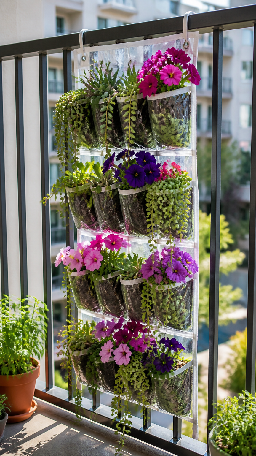 A high-end photograph of a clear plastic over-the-door shoe organizer hanging on a metal apartment balcony railing, f...