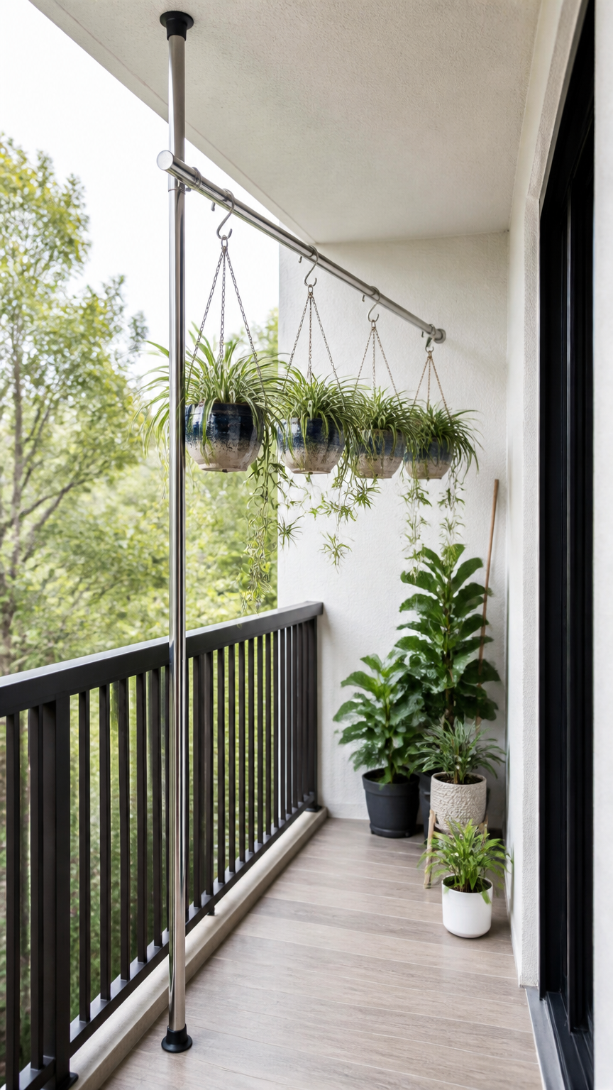 A professional photograph of a floor-to-ceiling metal shower tension rod installed on a covered balcony, holding hang...