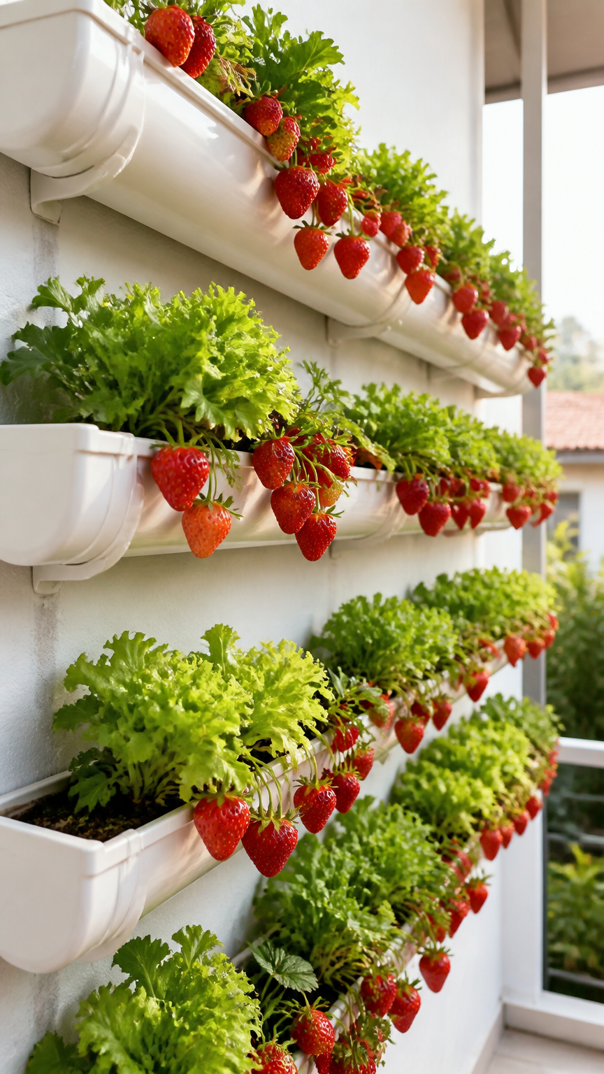 A high-end camera shot of vinyl rain gutters mounted horizontally in parallel rows against a white balcony wall, over...
