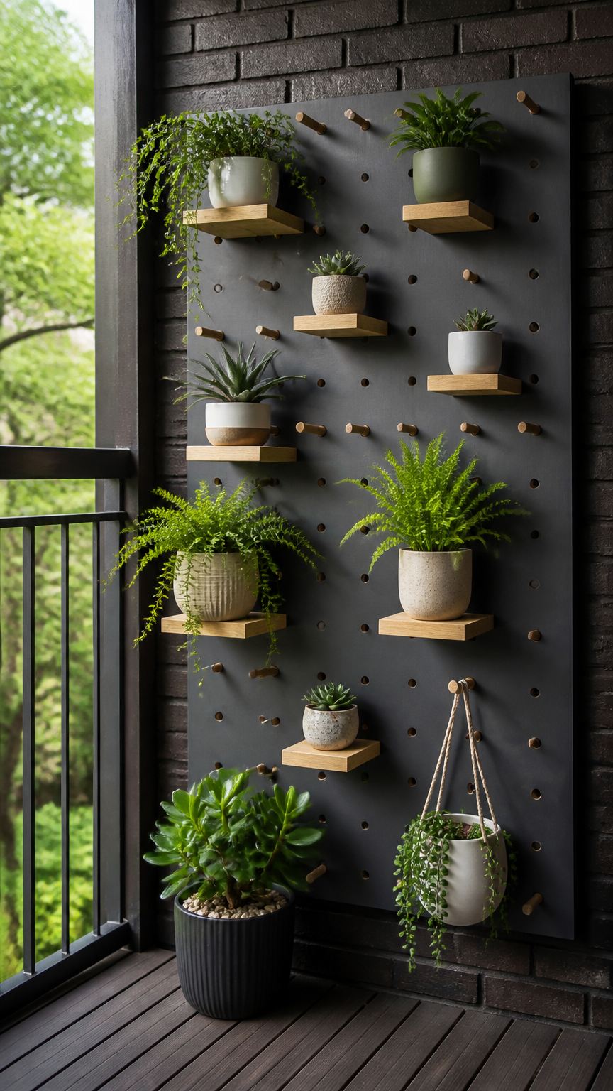 A sharp, clear photograph of a painted wooden pegboard mounted on a dark exterior balcony wall, featuring various pot...