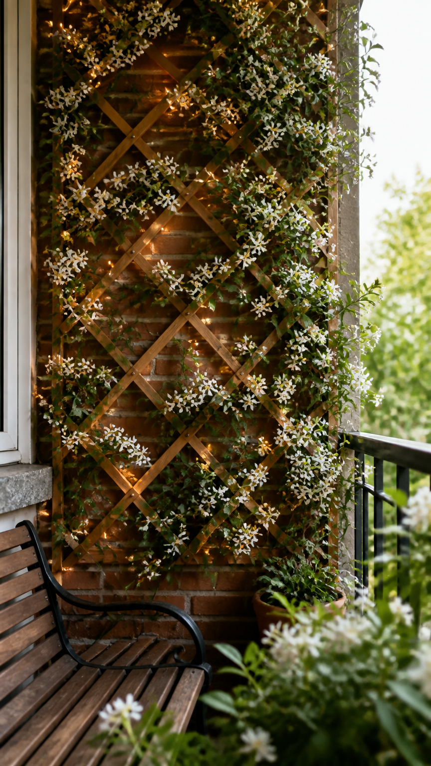 A professional photograph of a wooden diamond trellis attached to a brick balcony wall, densely covered with blooming...