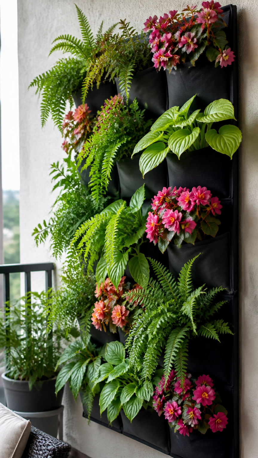 A high-end photograph of a black breathable fabric vertical wall planter hanging on an apartment balcony, thriving wi...