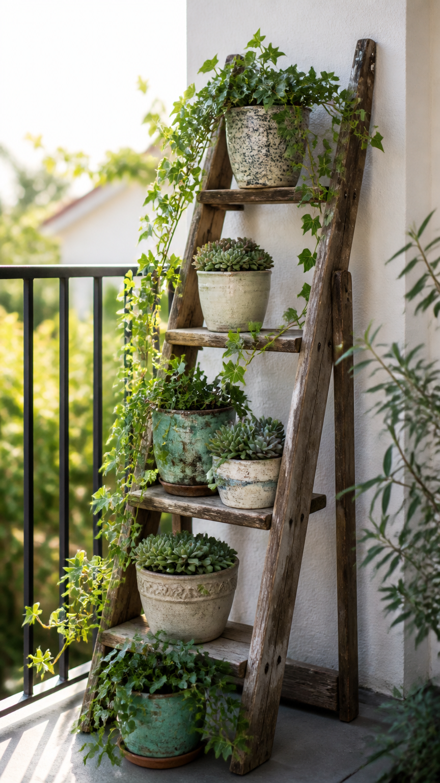 A clean, well-lit photograph of an old wooden step ladder leaning against a balcony wall, holding mismatched ceramic...