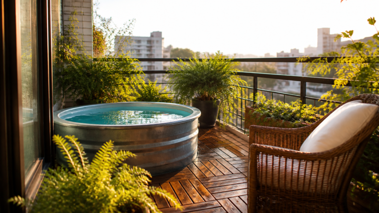 A high-end DSLR photograph of a sunlit small apartment balcony featuring a compact, stock tank pool filled with clear...