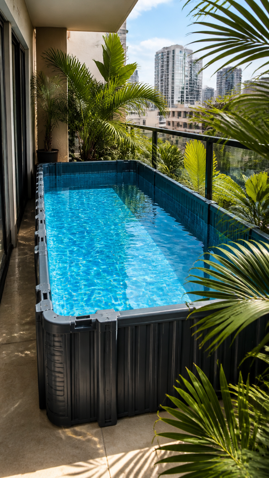 A high-end photograph of interlocking modular plastic pool panels assembled on a small apartment balcony, filled with...