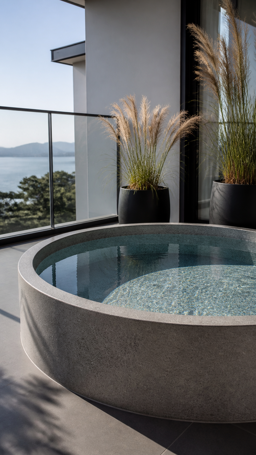 A high-end photograph of a modern gray concrete-texture round mini pool on a minimalist balcony, accented with tall a...