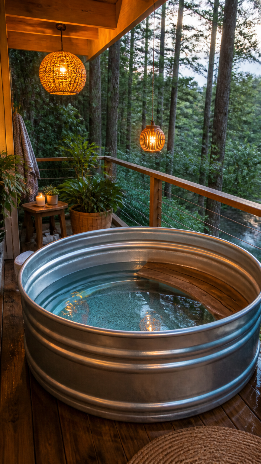 A high-end photograph of a stock tank pool featuring a built-in wooden bench seat inside, placed on a cozy wooden-dec...