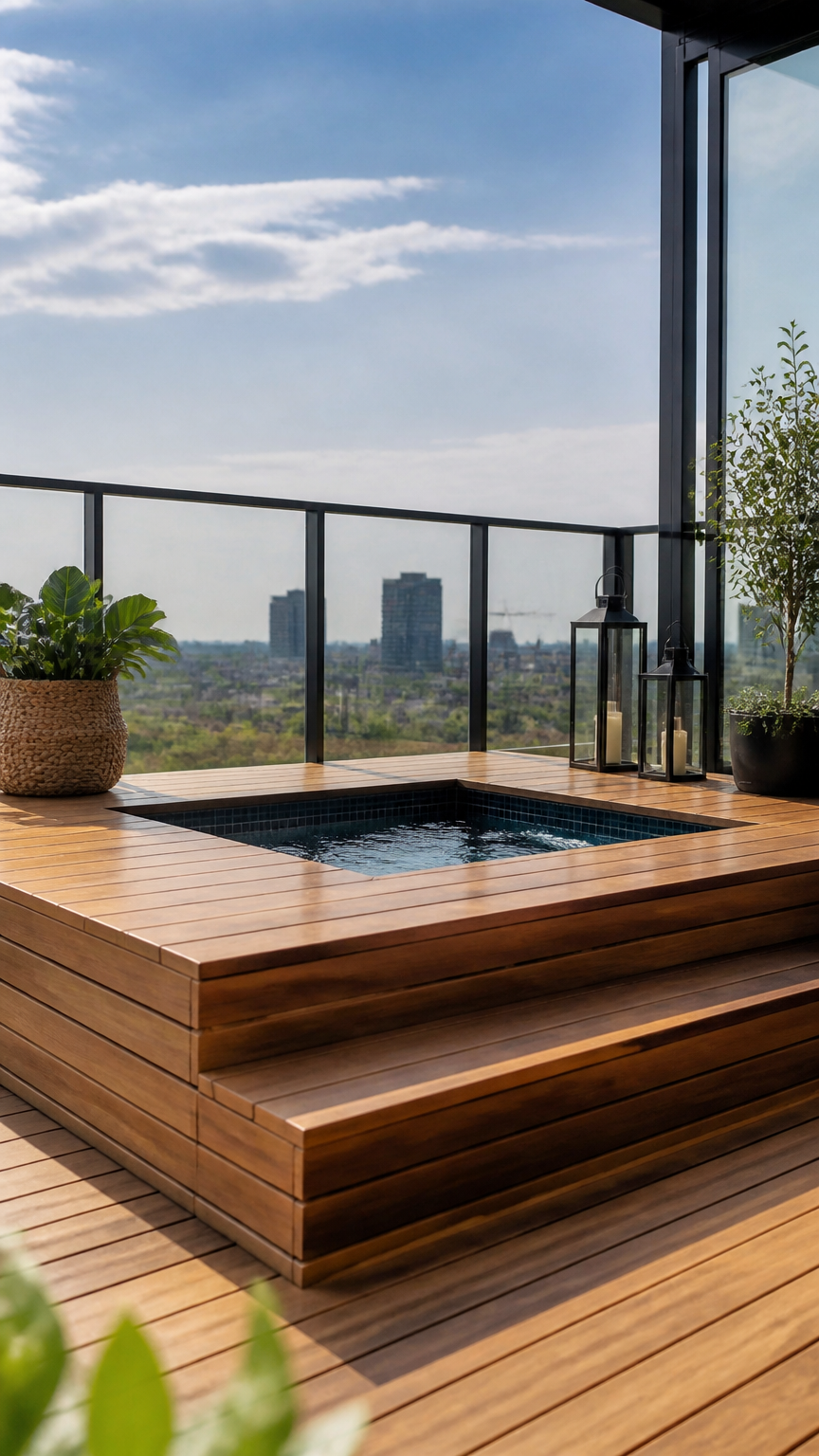 A high-end photograph of a raised wooden platform on an apartment balcony with a recessed small tub, creating a luxur...