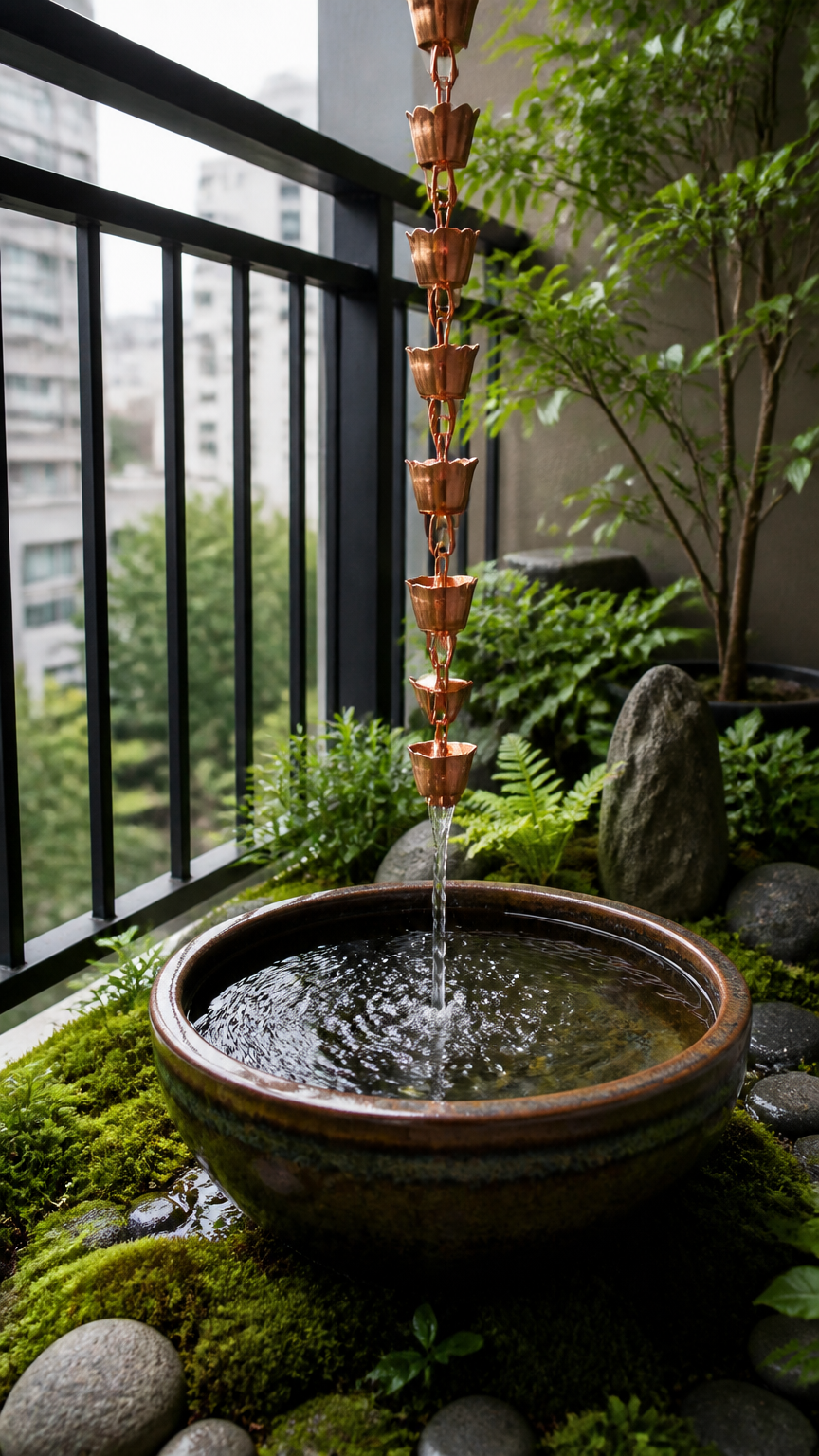 A high-end photograph of a copper rain chain guiding water into a wide ceramic basin on a compact apartment balcony,...