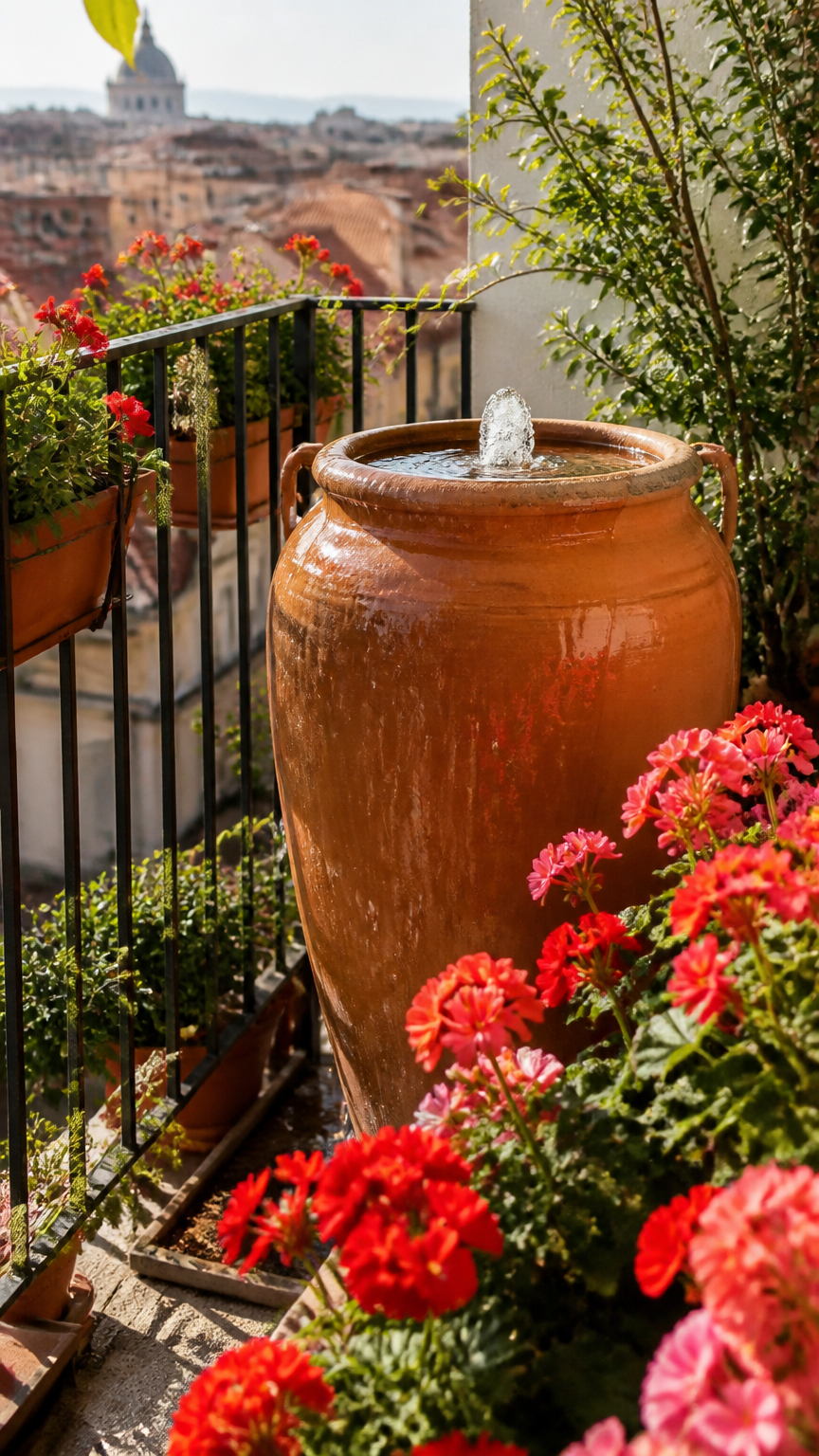 A high-end photograph of a large terracotta urn repurposed as a circulating water fountain on a small apartment balco...