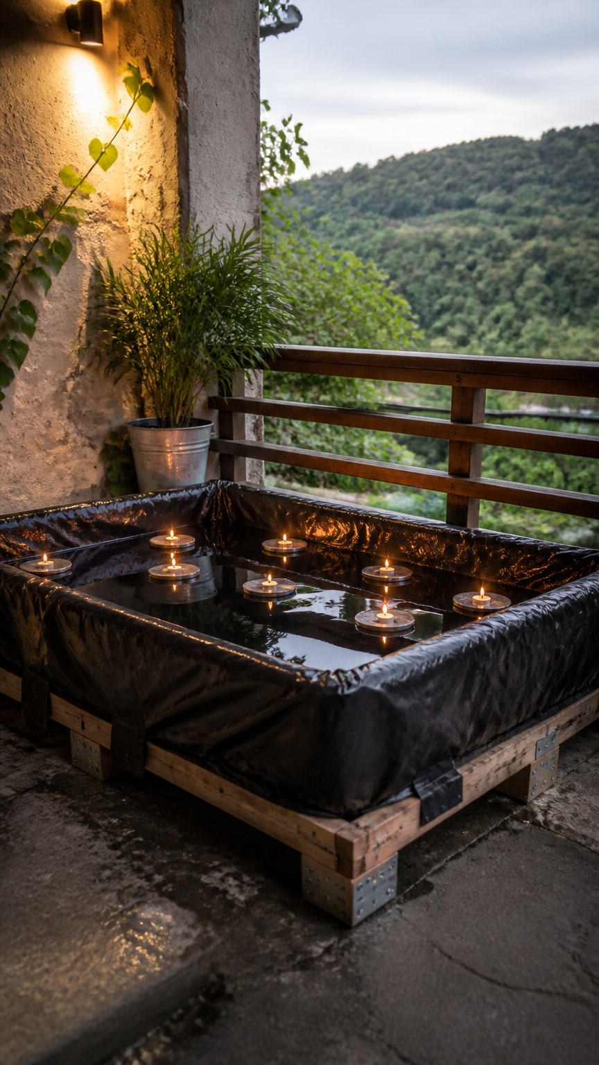 A high-end photograph of a low wooden pallet frame holding a heavy-duty black tarp liner pool on a rustic balcony, fi...