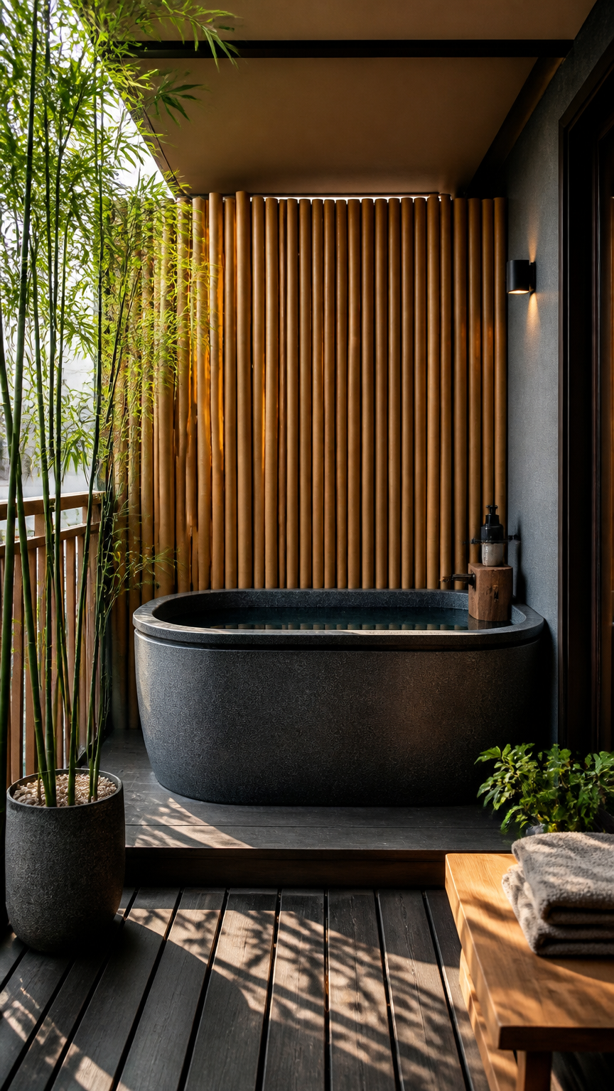 A high-end photograph of a small soaking tub surrounded by tall vertical bamboo screening on a tranquil apartment bal...