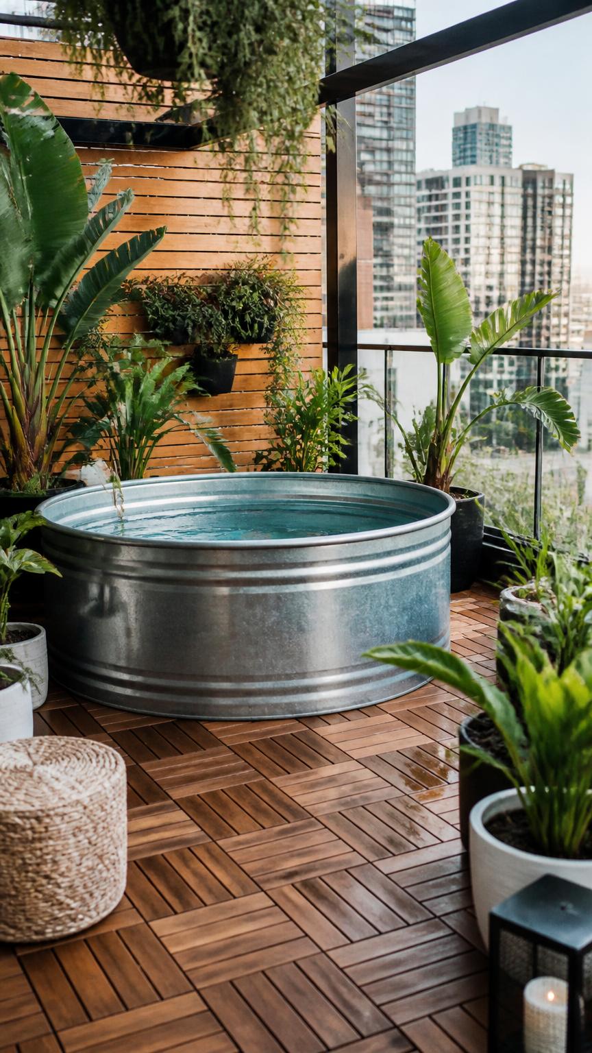 A high-end photograph of a galvanized stock tank pool surrounded by interlocking wooden deck tiles and tropical plant...