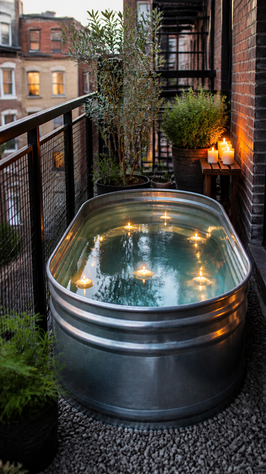 A high-end photograph of a galvanized metal stock tank used as a mini pool on a narrow urban balcony, filled with wat...