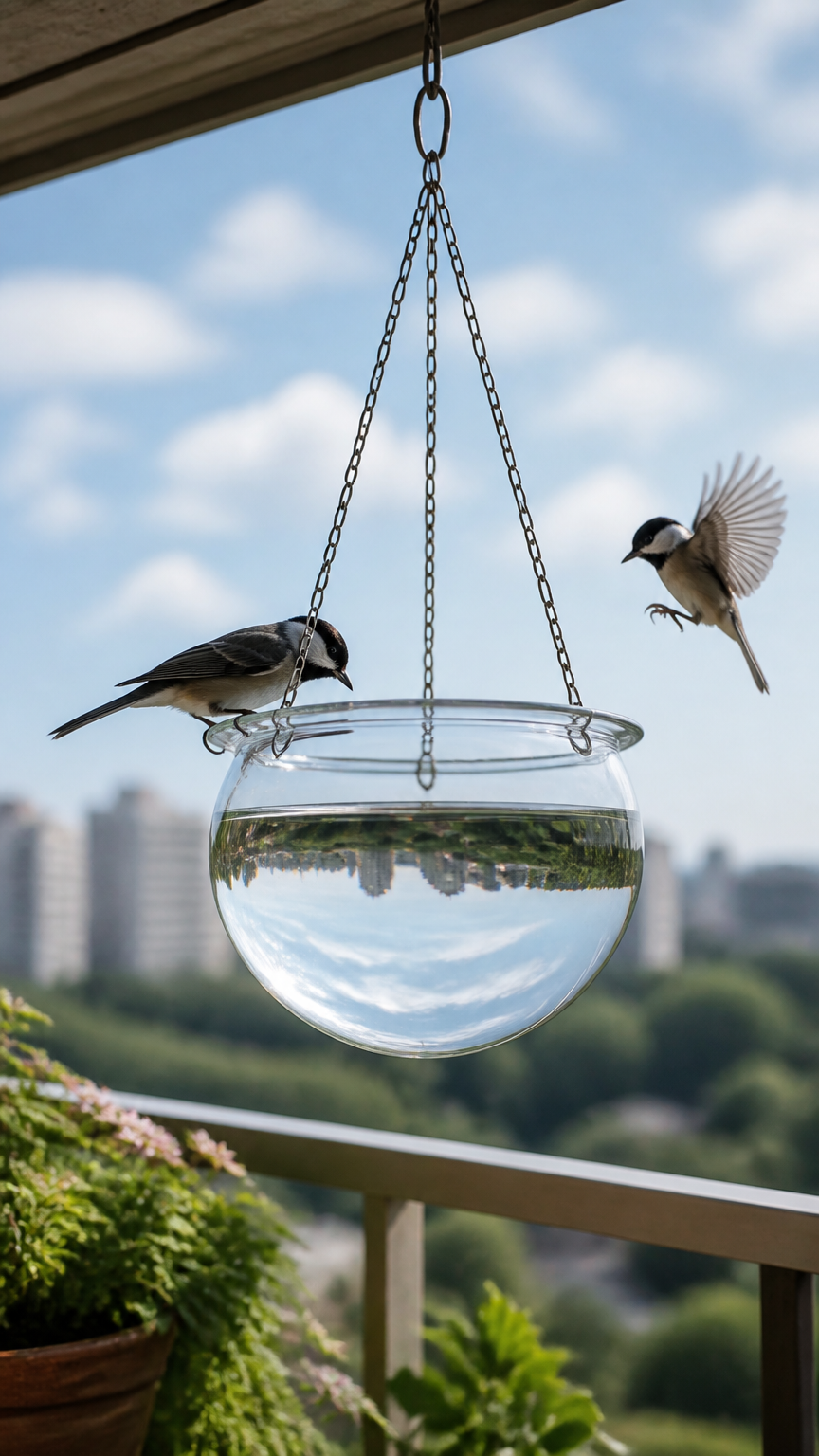 A high-end photograph of a hanging glass globe water bowl suspended from a balcony ceiling hook, reflecting the sky a...