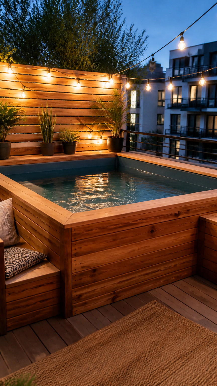 A high-end photograph of a custom wooden box enclosing a small liner pool on a modern apartment balcony, featuring bu...