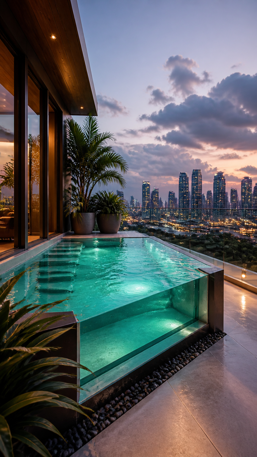 A high-end photograph of a small custom acrylic-front mini pool on a luxury balcony, showcasing crystal clear water a...