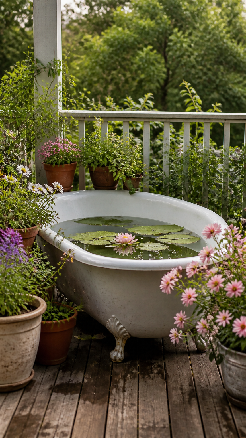 A high-end photograph of an old white cast iron clawfoot bathtub sitting on a wooden balcony, repurposed as a garden...