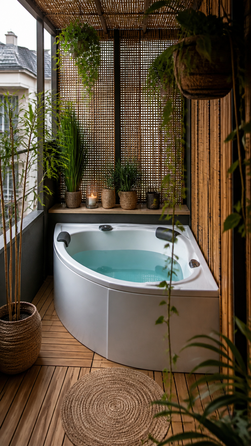 A high-end photograph of a corner-fitted compact hydrotherapy tub on a cozy apartment balcony, surrounded by bamboo s...