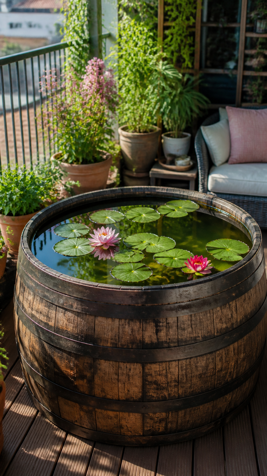 A high-end photograph of a rustic oak whiskey half-barrel filled with clean water, serving as a miniature patio pool...