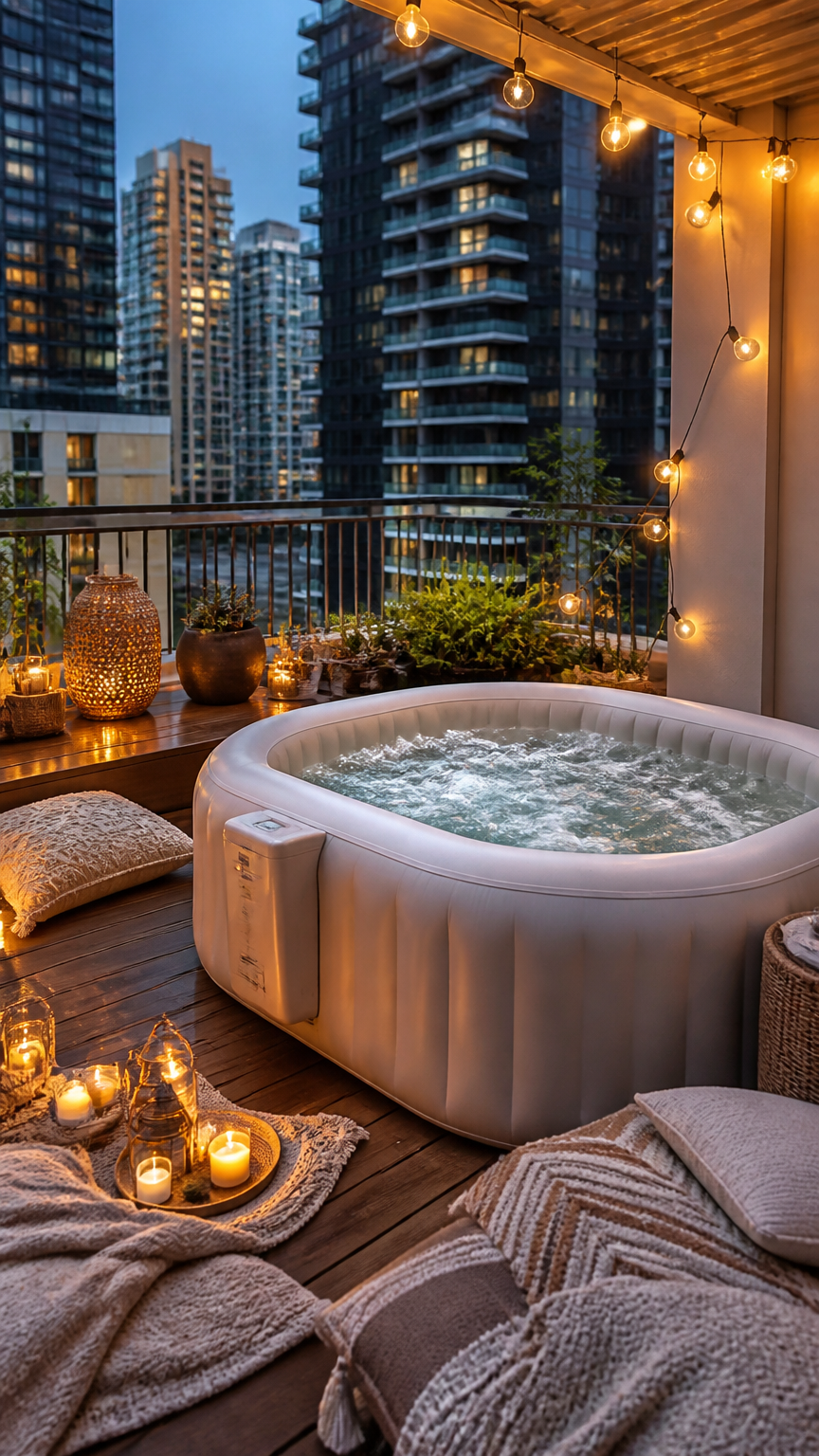 A high-end photograph of a small inflatable portable spa tub set up on a spacious apartment terrace, surrounded by fa...