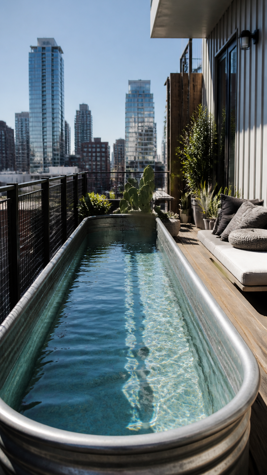 A high-end photograph of a long, narrow galvanized water trough functioning as a modern lap pool and lounge area on a...