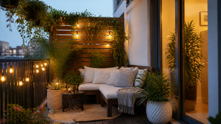 A cozy apartment balcony decorated with lush green hanging plants, a rustic wooden privacy screen, and fairy lights g...
