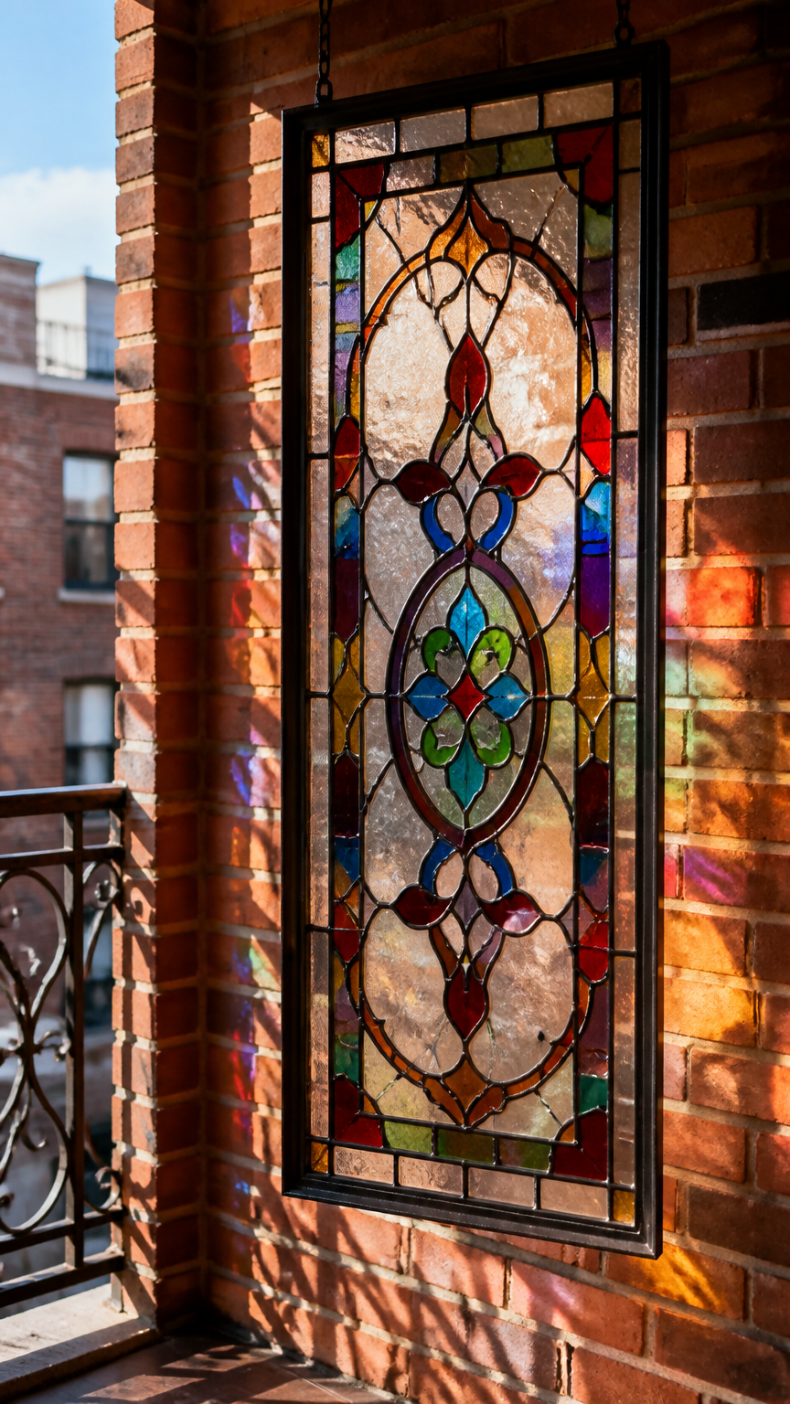 A colorful vintage stained glass window panel hanging vertically on a brick balcony wall, catching vibrant sunlight,...