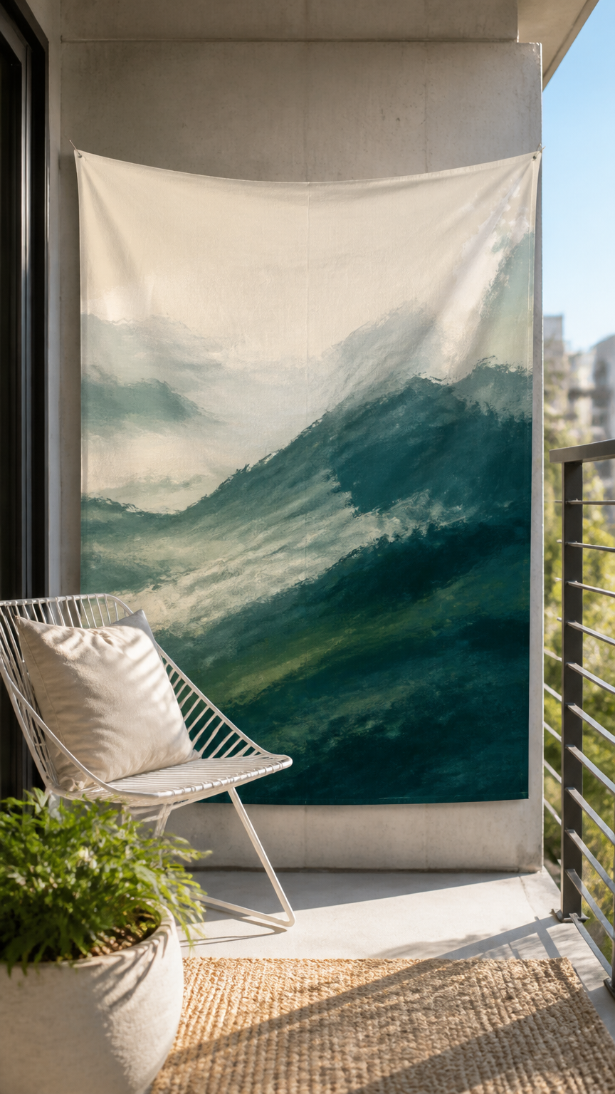 A minimalist balcony featuring a DIY painted canvas privacy screen hanging against a concrete wall, shot in bright da...