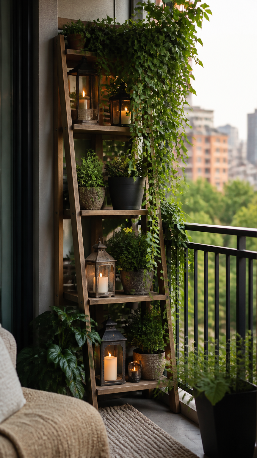 A wooden leaning ladder shelf on a balcony filled with cascading potted plants and lanterns, acting as a partial priv...