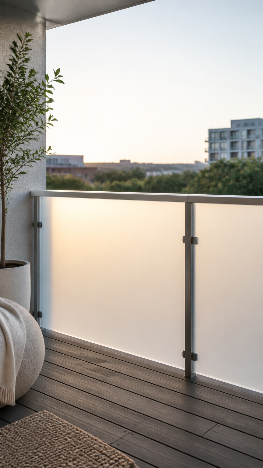 A clean, minimalist balcony with a frosted acrylic sheet mounted to the railing, diffusing soft morning light and hid...