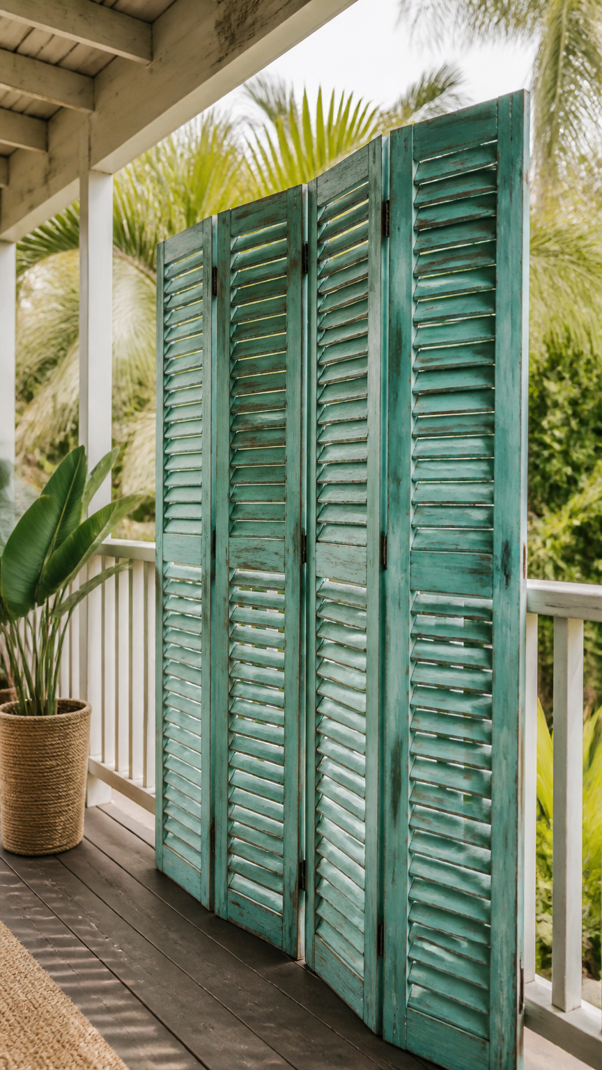 Weathered turquoise wooden shutters hinged together and propped against a balcony railing, creating a rustic privacy...