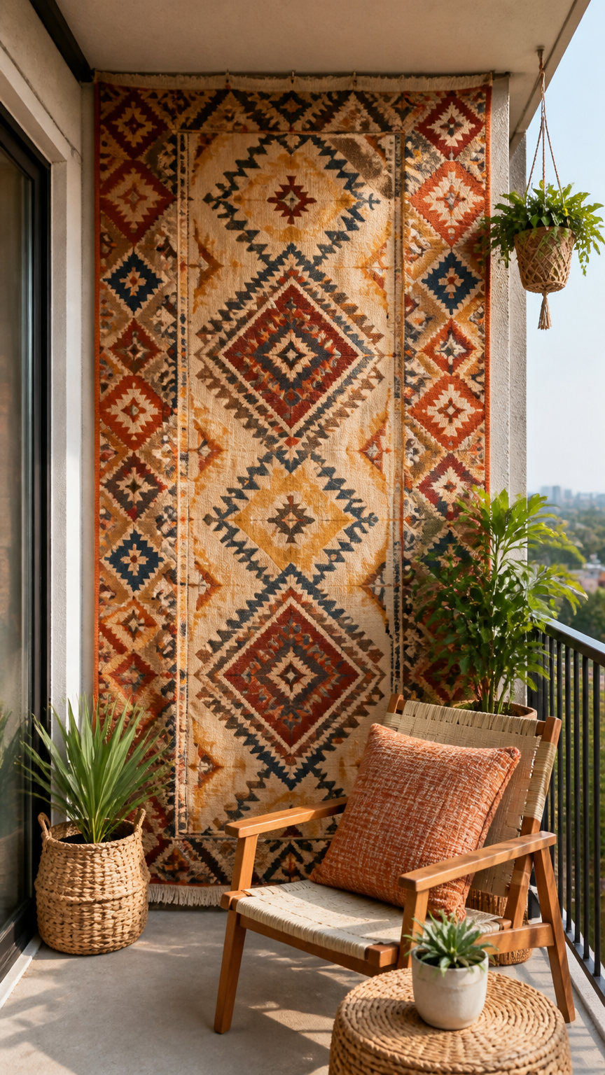 A colorful flat-weave outdoor rug hanging vertically on a balcony wall as a boho privacy screen, photographed in brig...