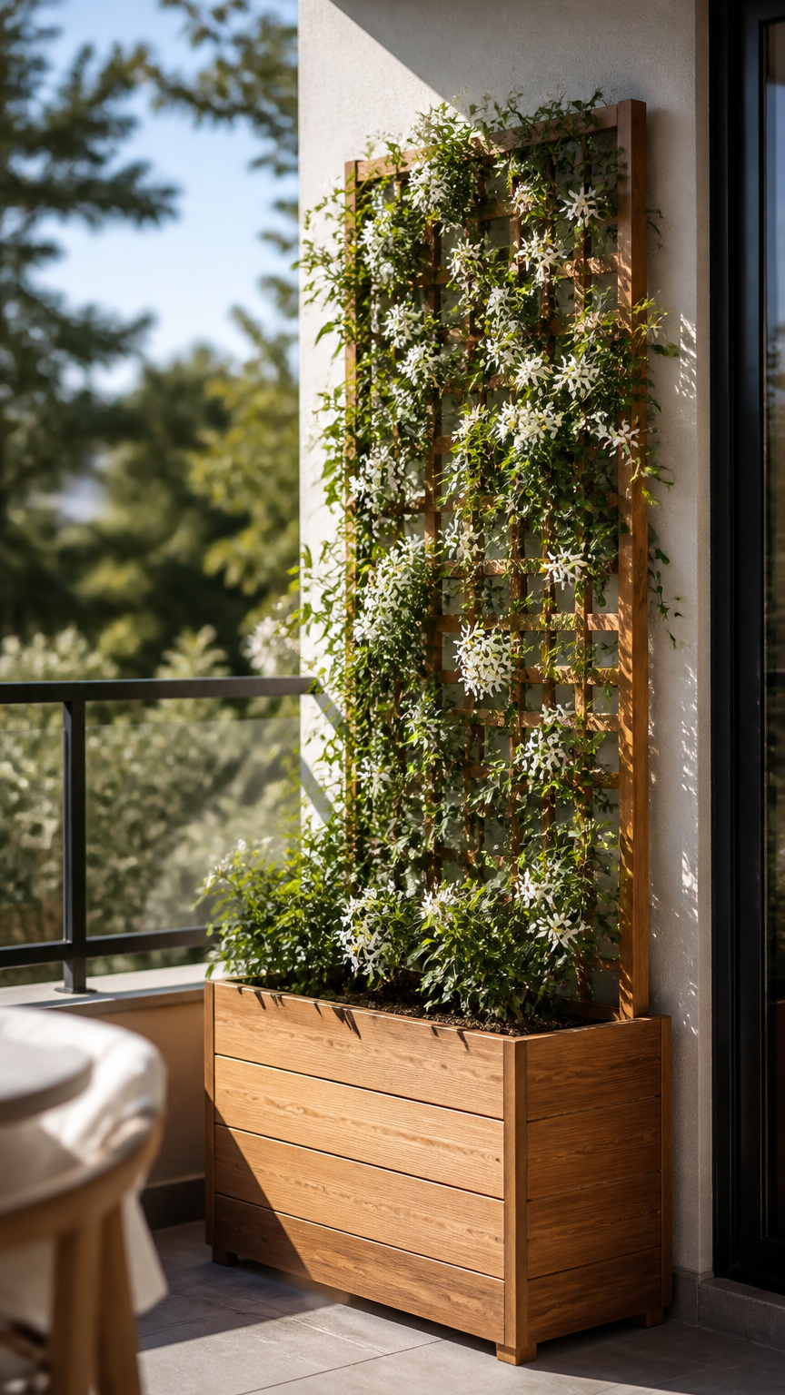 A wooden planter box with an attached tall vertical trellis covered in climbing star jasmine on a sunny balcony, shot...
