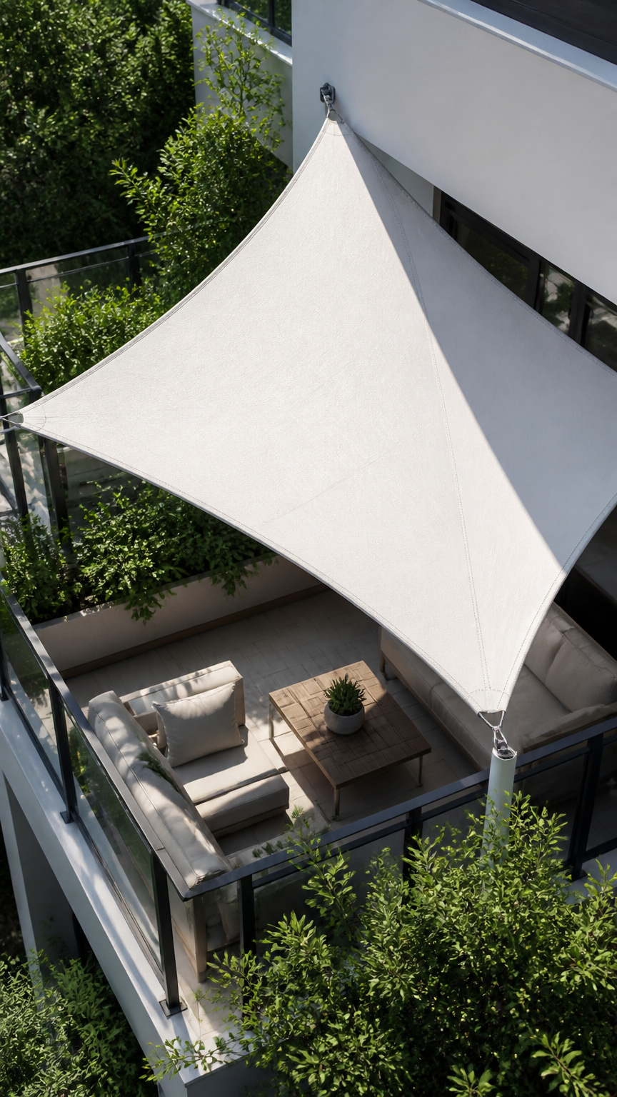 A triangular canvas shade sail stretched tightly over a balcony to block overhead views from higher apartment floors,...