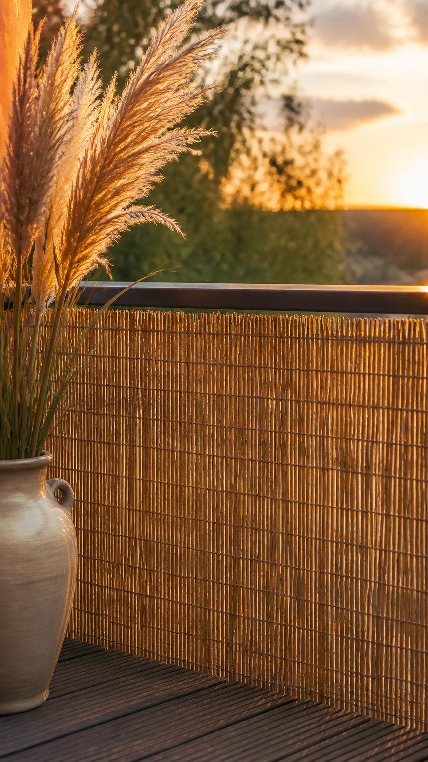 A natural reed thatch screen attached to a balcony railing, paired with pampas grass in a ceramic vase, shot in warm...