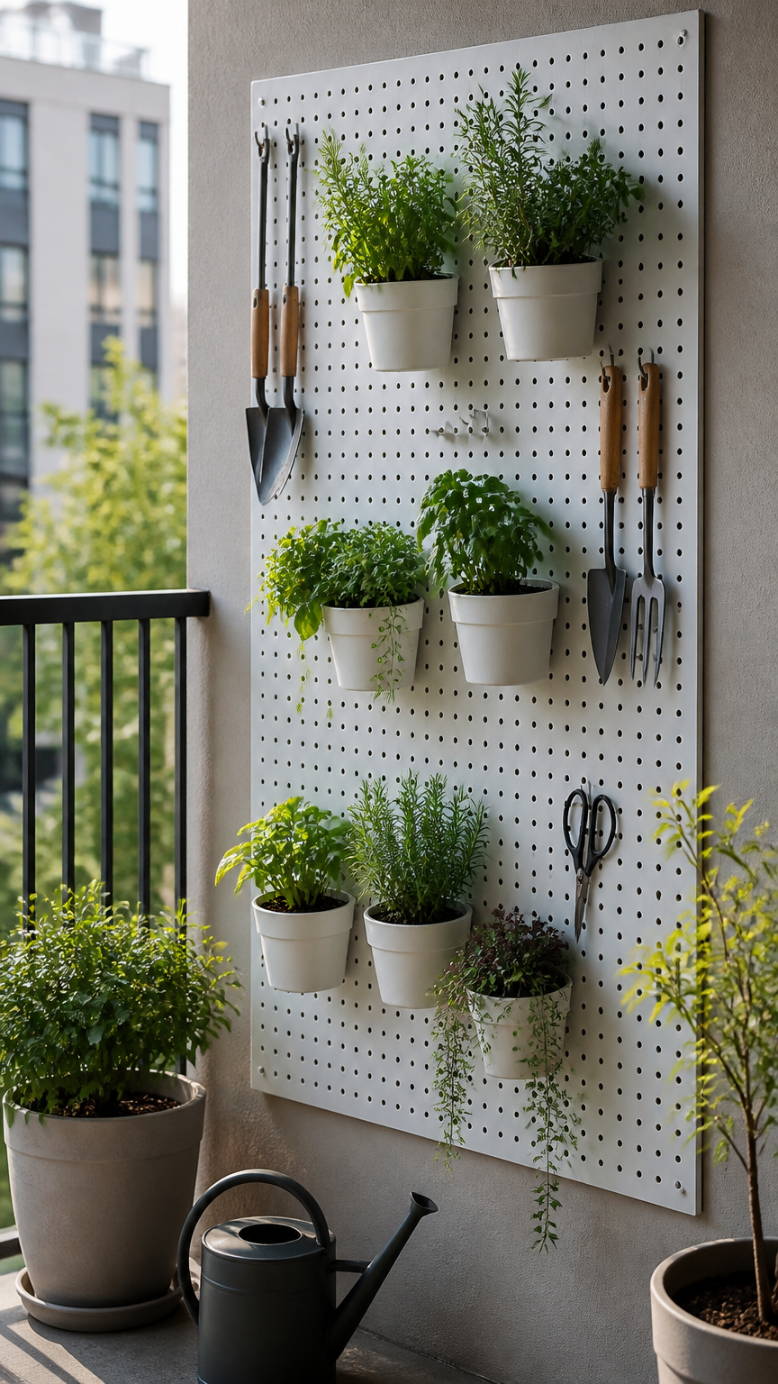 A white metal pegboard mounted on a balcony wall holding small hanging herb pots and garden tools, acting as a functi...