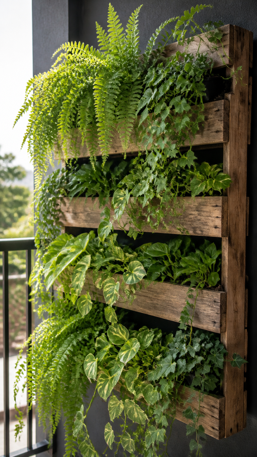 A close-up photograph of a vertical pallet garden on a balcony, filled with vibrant ferns, pothos, and trailing ivy,...