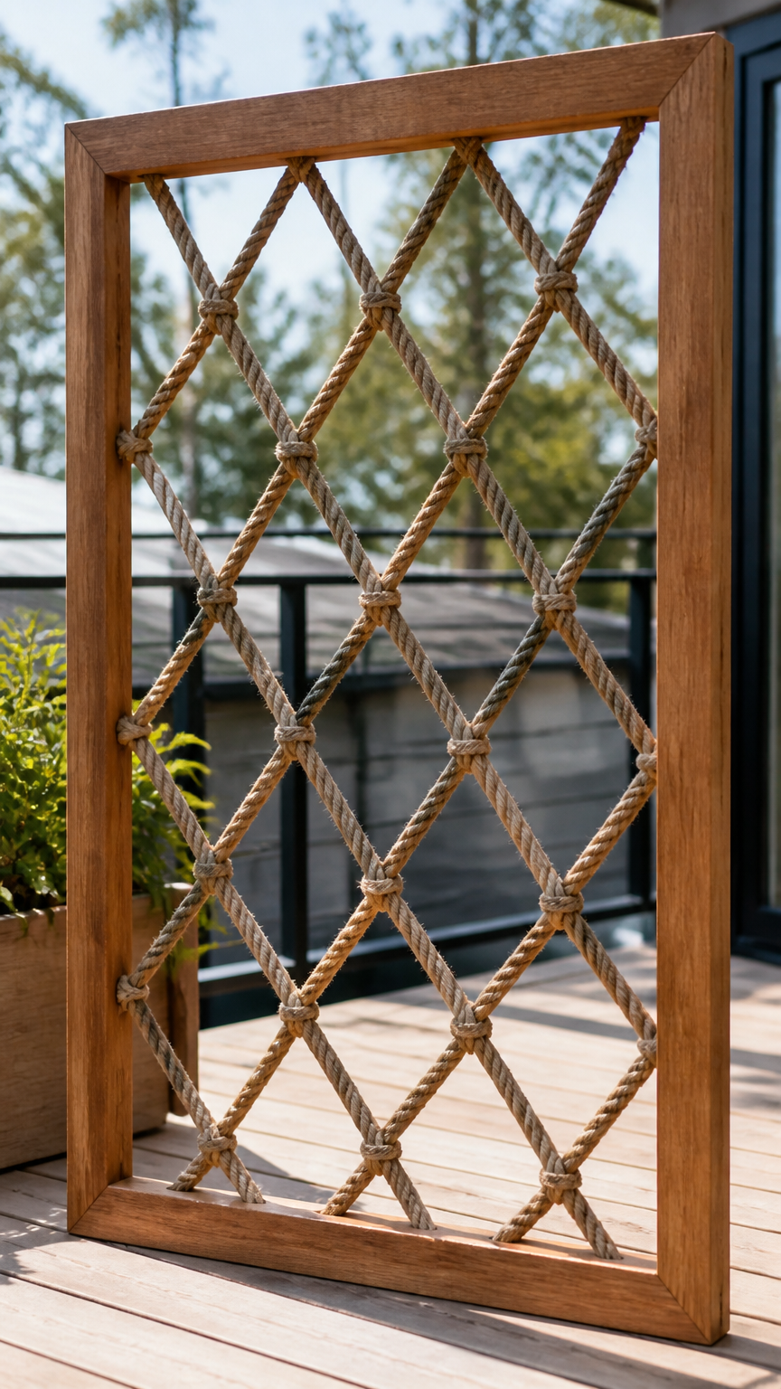 A custom wooden frame strung with thick natural jute rope in a diamond lattice pattern on a sunny balcony, shot with...