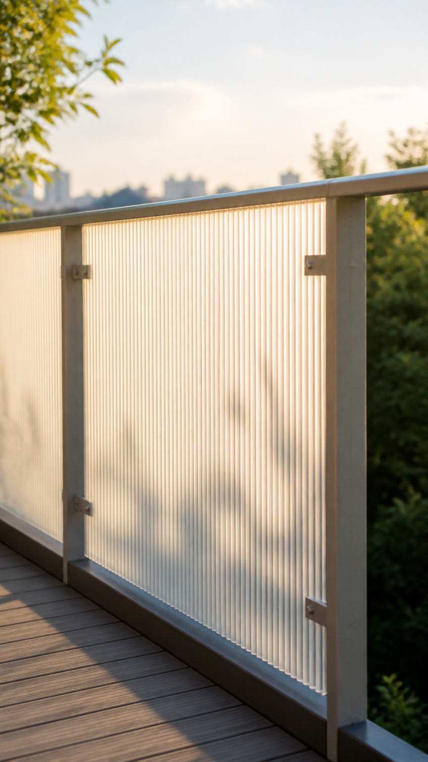 A translucent corrugated polycarbonate panel attached to a balcony railing, glowing softly in the afternoon sun, capt...