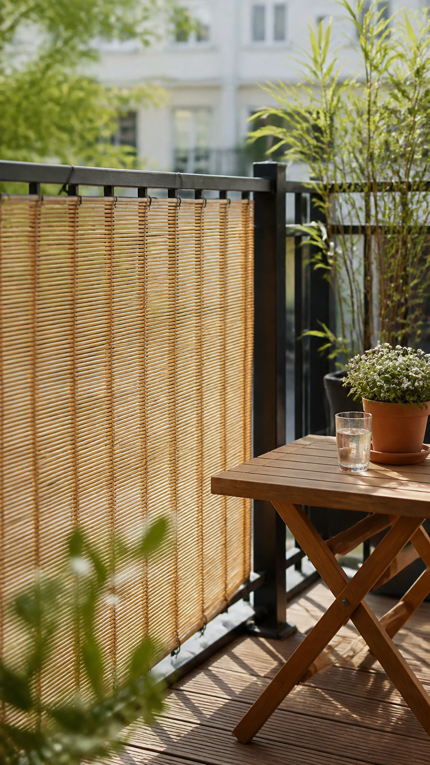A sunny balcony featuring a natural bamboo roll screen attached to black metal railings, paired with a small wooden b...