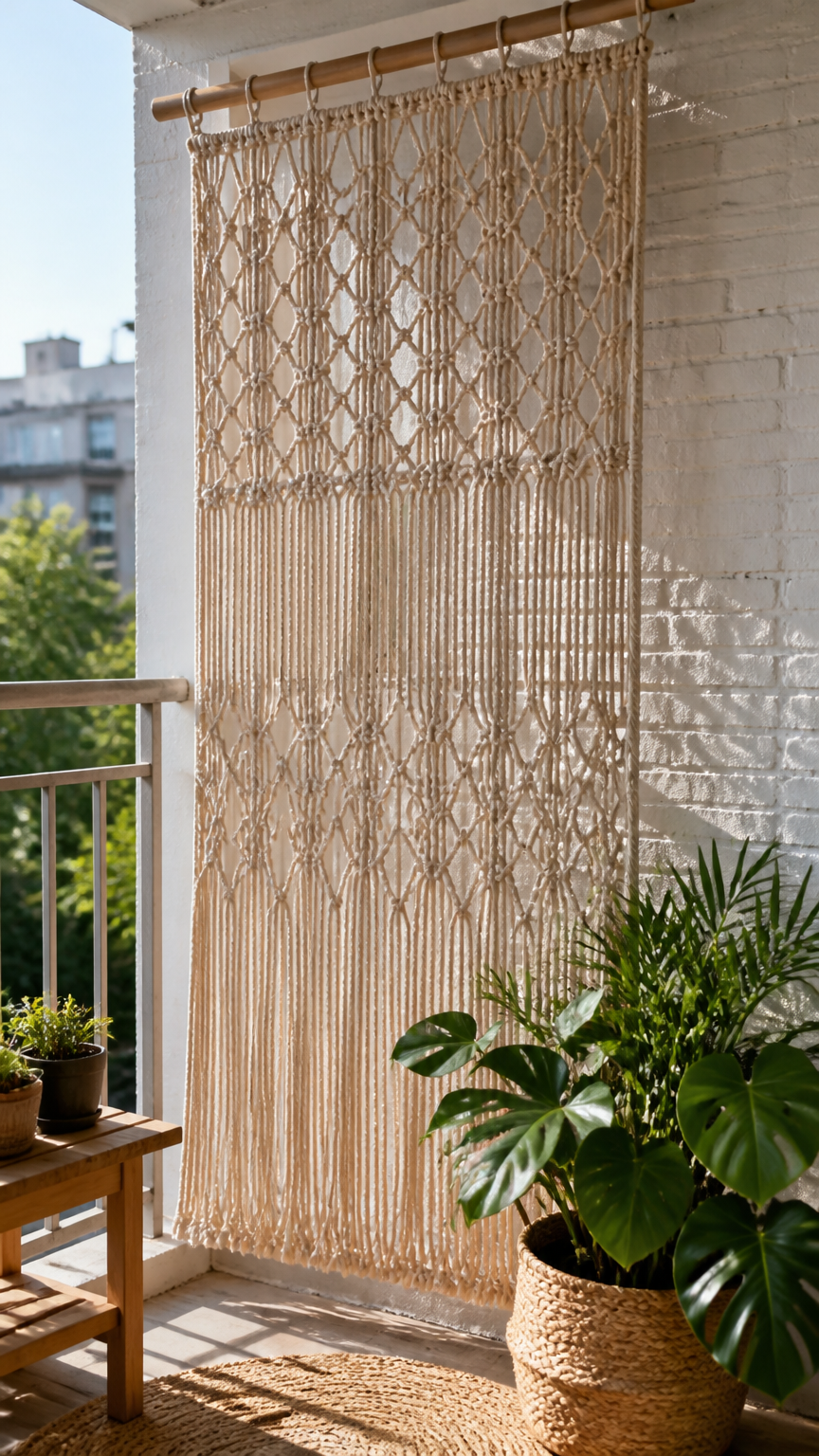 A bright balcony showing a handmade macramé wall hanging acting as a privacy screen against a white brick wall, captu...