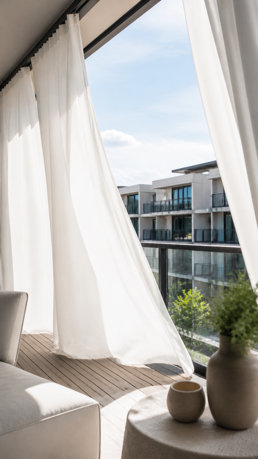 Crisp white outdoor canvas curtains billowing gently in the breeze on a modern apartment balcony, shot with a high-en...