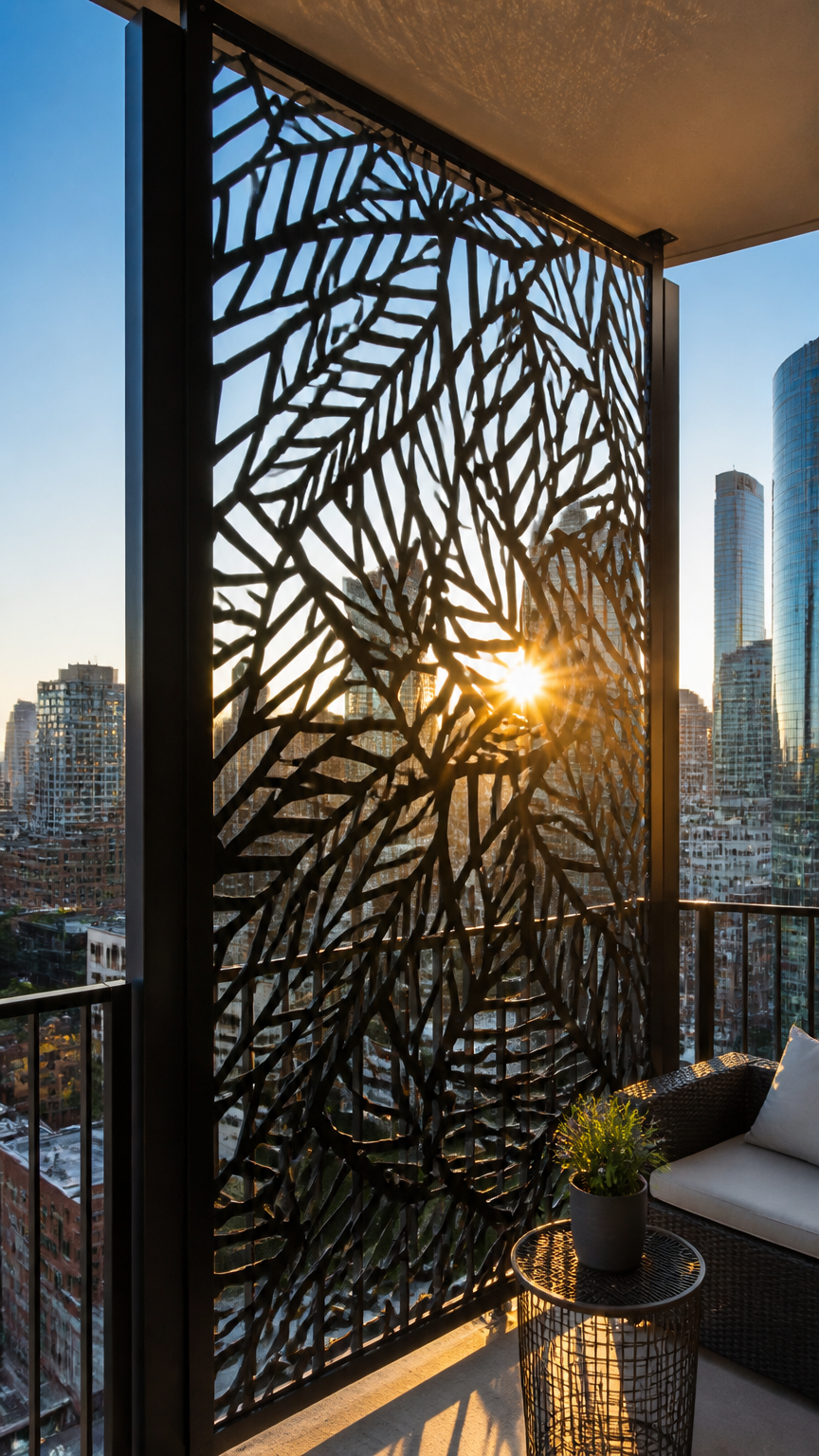 A sleek black metal privacy screen with a geometric laser-cut leaf pattern mounted on a city balcony, photographed du...