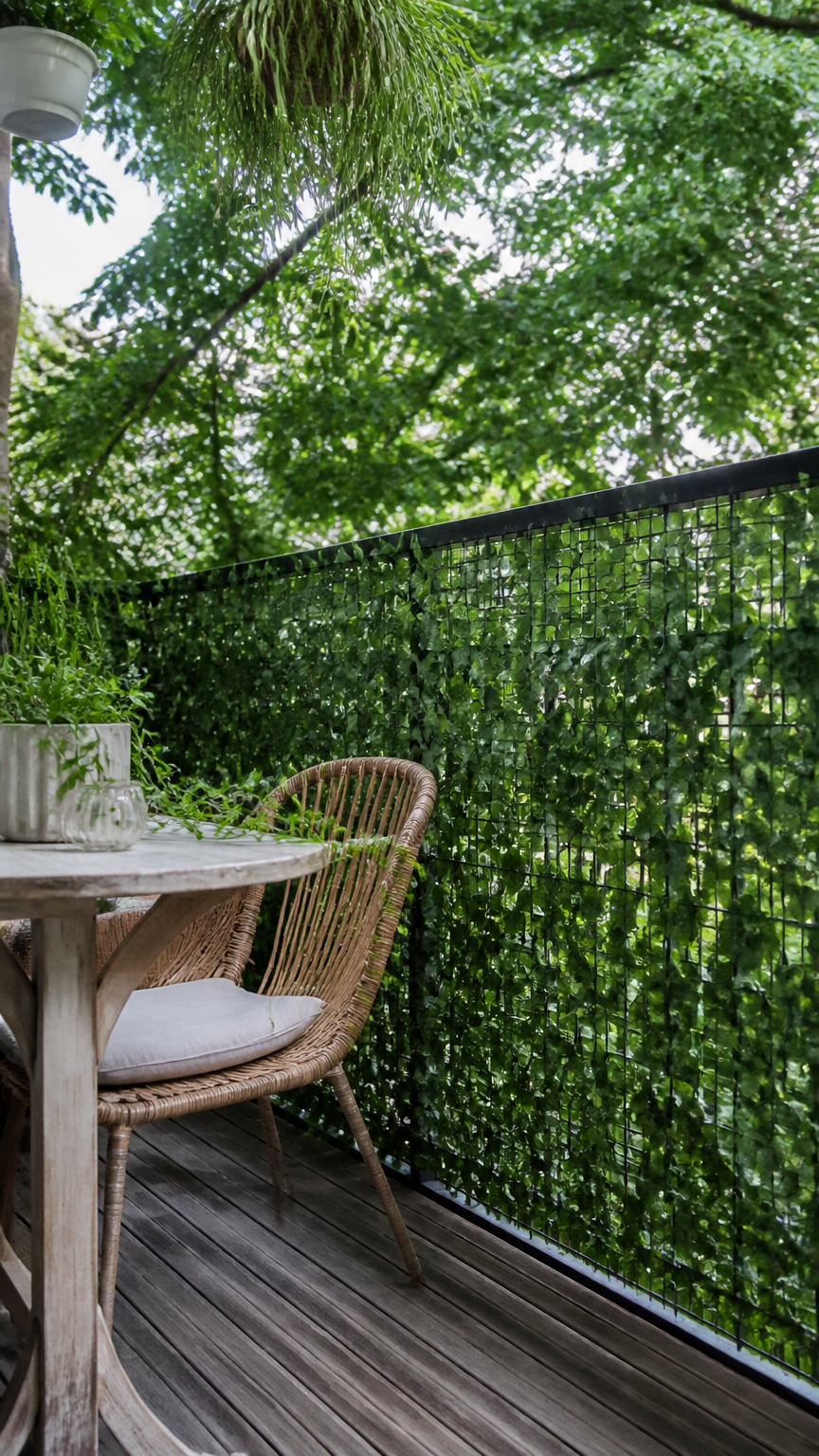 A dense artificial ivy privacy screen attached to a wire balcony railing, making the space look like a private garden...