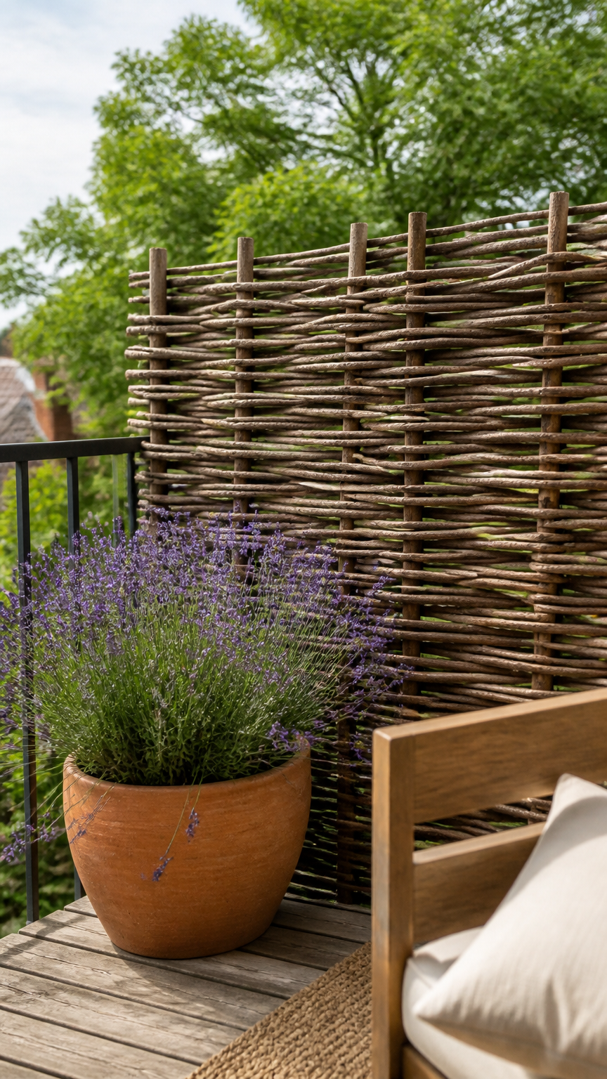 A rustic balcony featuring a woven hazel hurdle fence as a privacy screen, paired with a terracotta pot of lavender,...