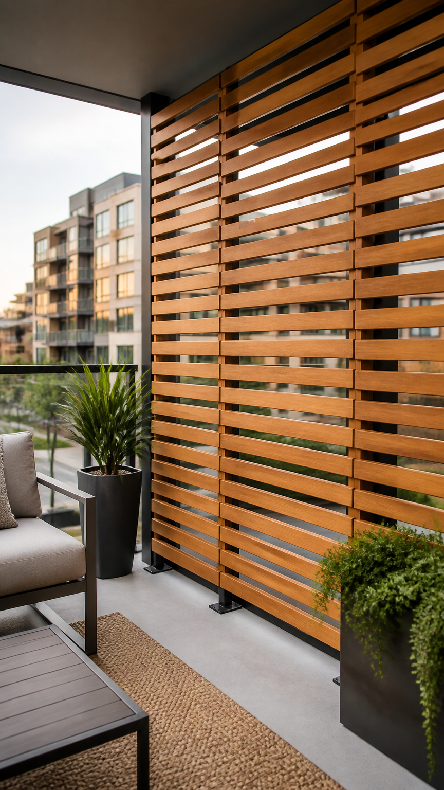 A custom horizontal wooden slat privacy screen on a modern apartment balcony, stained a warm honey oak color, capture...