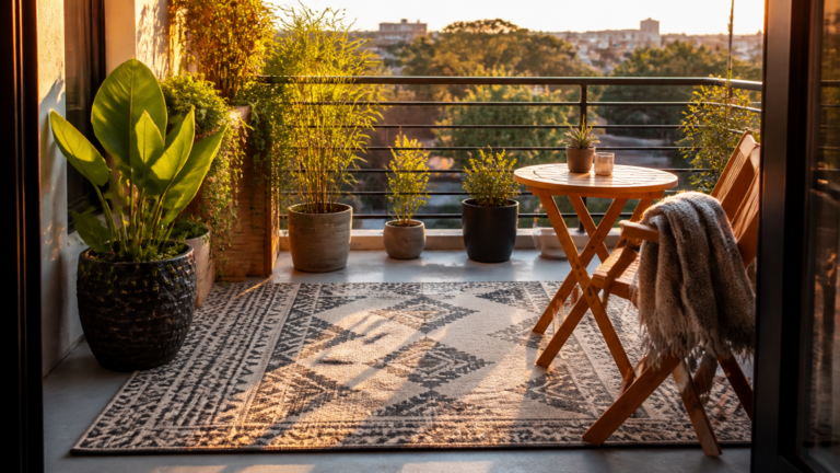 A high-end photograph of a sunlit apartment balcony featuring a stylish outdoor rug with geometric patterns, surround...