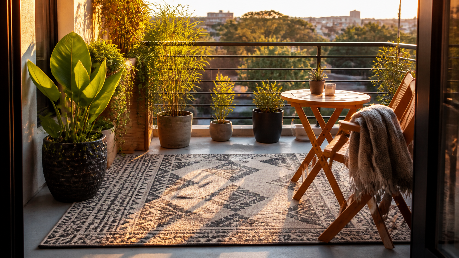 A high-end photograph of a sunlit apartment balcony featuring a stylish outdoor rug with geometric patterns, surround...