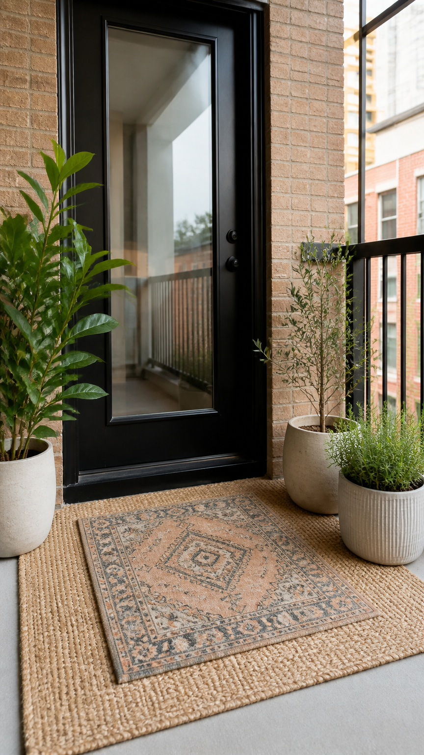Taken with a professional camera of a small apartment balcony entryway featuring a large neutral woven mat layered un...